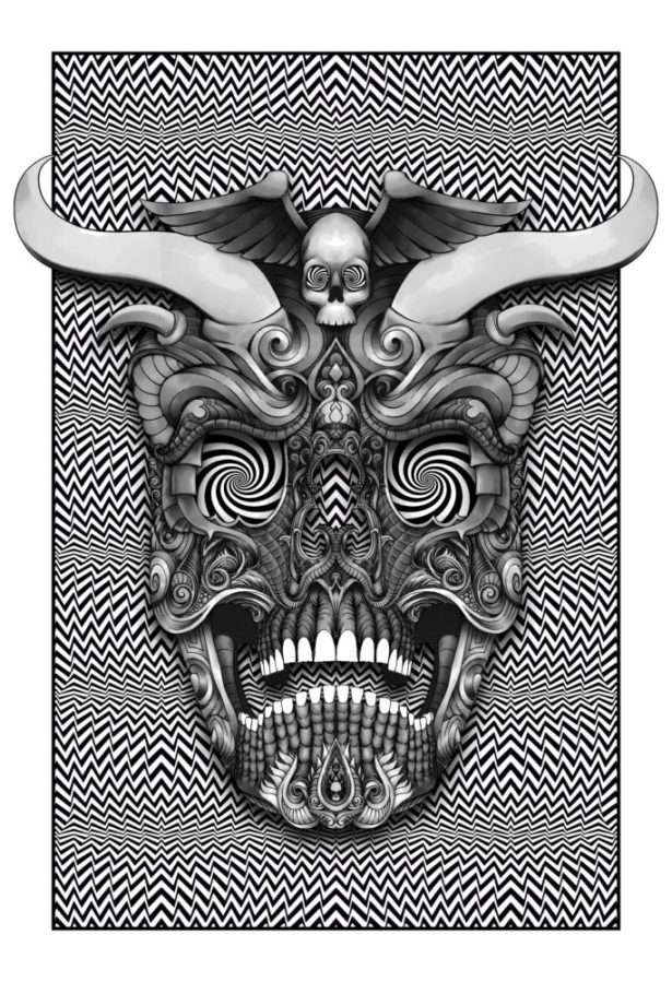 On Sale Now – ‘TRIPPY HORNED SKULL’ 13×19″ – Hand Pulled Silk Screen